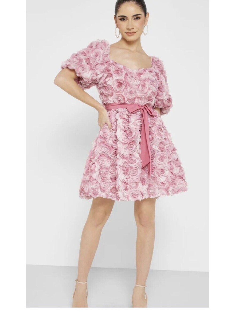 Just Me pink mini babydoll dress with a 3D rose design and puff Sleeves. Sz S